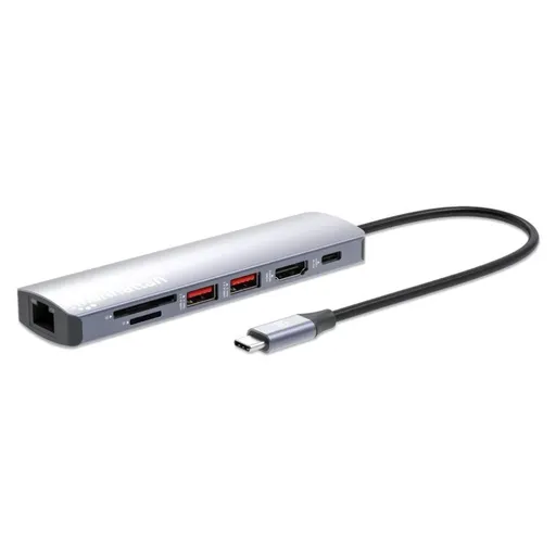 MANHATTAN Dokovacia stanica USB-C 7v1, 1xHDMI, 1xUSB-C, 2xUSB, 1xRJ45, čítačka SD kariet, sivá