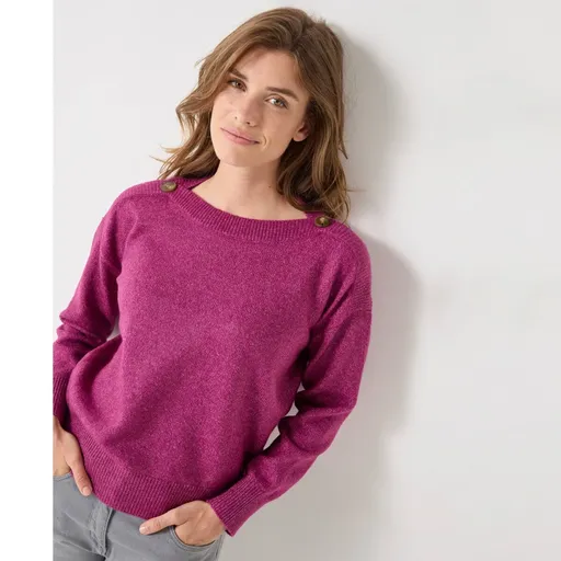 Jednofarebný pulóver s lodičkovým výstrihom a gombíkmi na pleciach