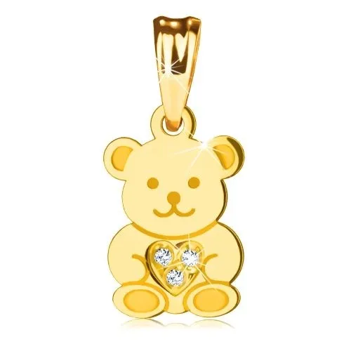 Prívesok v žltom 9K zlate - lesklý roztomilý medvedík, trblietavé srdiečko