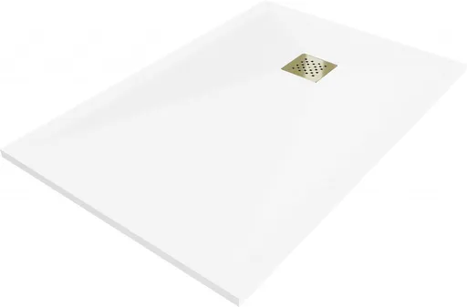 MEXEN/S - Stone+ obdĺžniková sprchová vanička 130 x 90, biela, mriežka zlatá 44109013-G