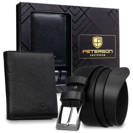 Pánsky darčekový set – vertikálna kožená peňaženka s RFID a opasok z eko kože