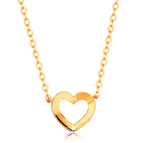 Náhrdelník zo žltého 14K zlata - tenká retiazka, lesklá kontúra srdiečka