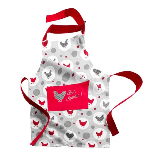 Kuchynská zástera s trakmi a potlačou sliepok, výšivka Bon appétit!