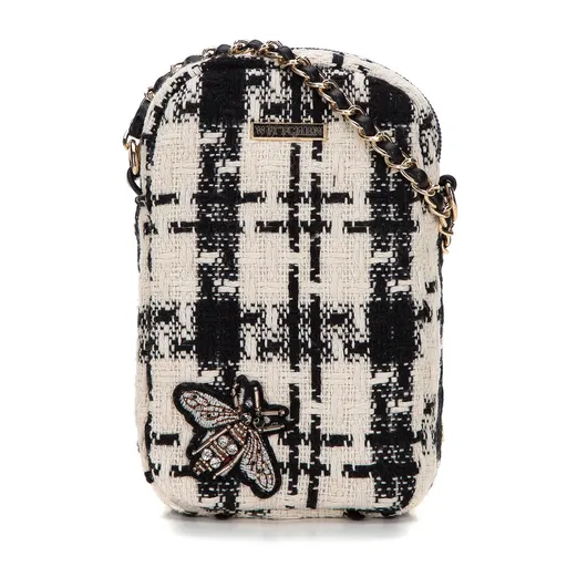 Malá látková kabelka do ruky s káro vzorom a trblietavým detailom béžovo-čierna