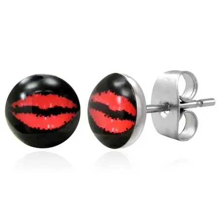 Náušnice z  ocele 316L - červené pery na čiernom podklade