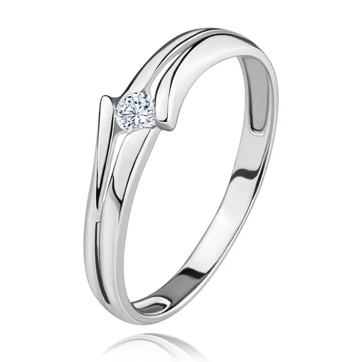Zlatý prsteň 585 so žiarivým čírym briliantom, rozdelené ramená, biele zlato - Veľkosť: 54 mm