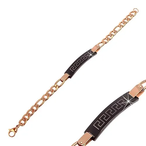 Náramok z ocele 316L, veľké lesklé očká medenej farby, čierna známka