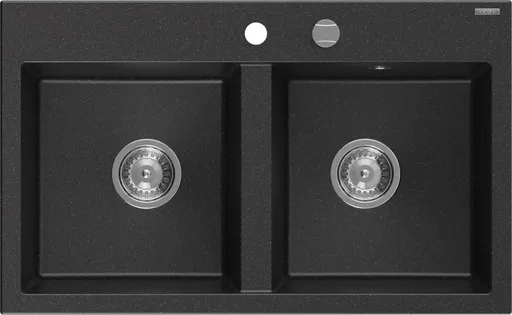 MEXEN MEXEN - Hektor granitový drez 2-bowl 800 x 480 mm, čierna/strieborná metalík, sifón chróm 6521802000-73