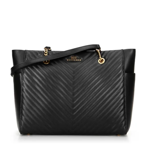 Kožená nákupná kabelka s bočnými vreckami, čierna 100-4E-627-1