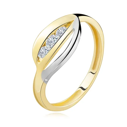 Zlatý prsteň 375 - dvojfarebné zvlnené línie, tri okrúhle zirkóny čírej farby - Veľkosť: 49 mm