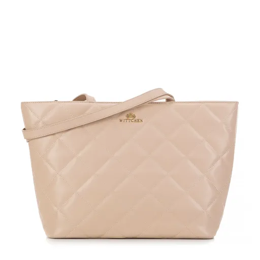 Damska shopperka skórzana trapezowa w romby beżowa 99-4E-604-9