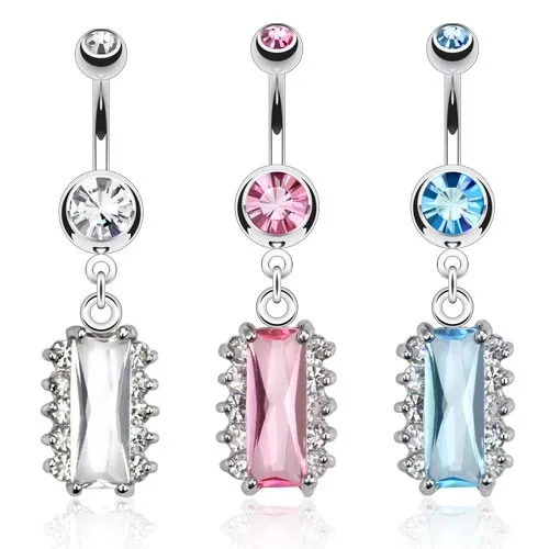 Piercing do brucha z ocele, obdĺžnikový zirkón a menšie číre kamienky - Farba zirkónu: Aqua modrá - Q