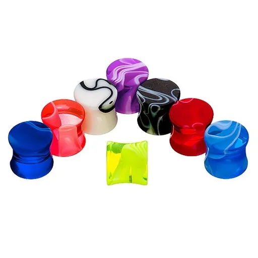 Sedlový plug do ucha - farebný mramorový vzor - Hrúbka: 10 mm, Farba piercing: Červená