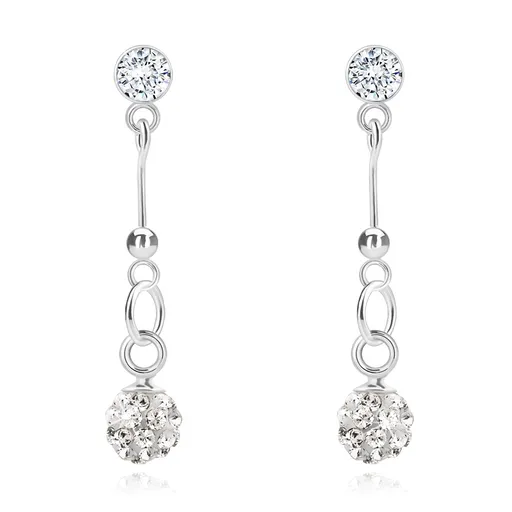 Visiace náušnice z 925 striebra, číry Swarovského krištáľ, trblietavá gulička na paličke