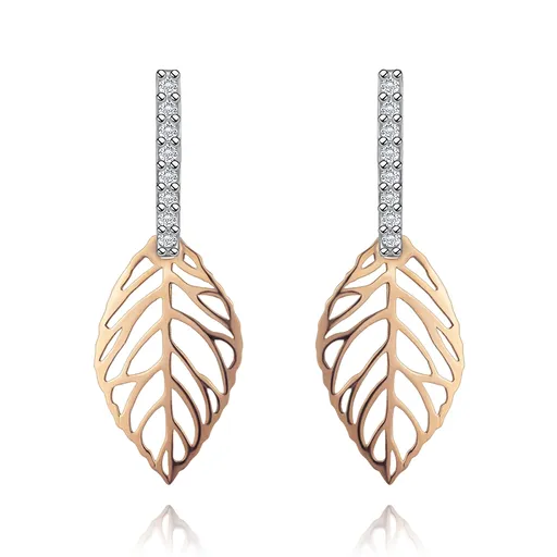 Náušnice v kombinovanom 14K zlate - pás čírych zirkónikov, vyrezávaný list