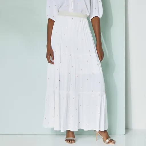 Dlhá volánová sukňa so zlatistou potlačou