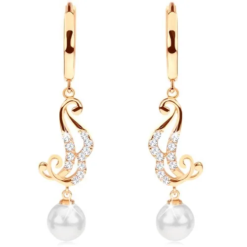 Náušnice zo žltého 14K zlata - krúžok s visiacim ornamentom a bielou perlou