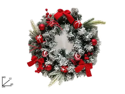 MAKRO - Veniec vianočný 40cm, červená dekorácia – zasnežený