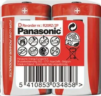 PANASONIC Zinkouhlíkové batérie Red Zinc R20RZ/2P D 1, 5V (shrink 2ks)