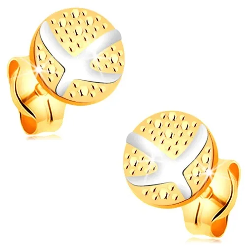 Náušnice zo 14K zlata - gravírovaný kruh, prekrížené oblúky z bieleho zlata