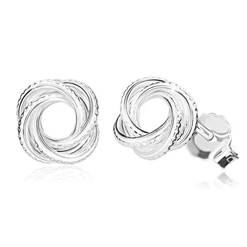 Strieborné náušnice 925 - lesklý uzol so zárezmi, úzke línie, puzetové zapínanie