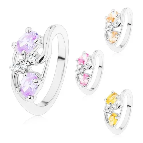 Prsteň so zvlnenými ramenami, veľké farebné ovály, číre zirkóniky - Veľkosť: 50 mm, Farba: Ružová