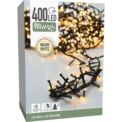 Vianočná svetelná reťaz Twinkle, 400 mini LED, 8 m, teplá biela, časovač, IP44, 8 m