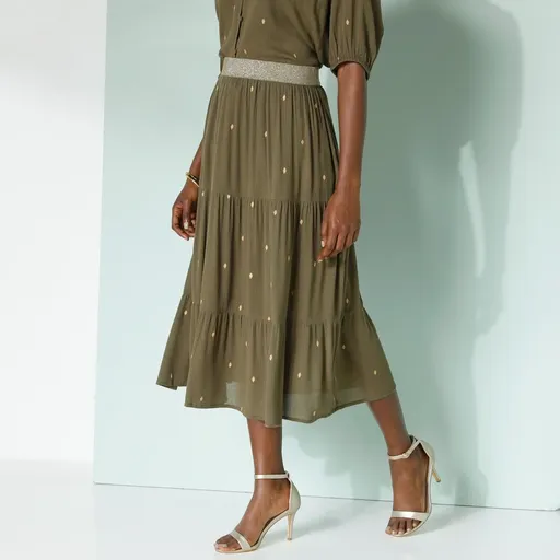 Midi volánová sukňa so zlatistou potlačou