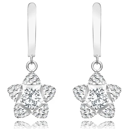 Ródiované strieborné 925 náušnice - kvet, veľký brúsený zirkón, lupene vykladané zirkónikmi