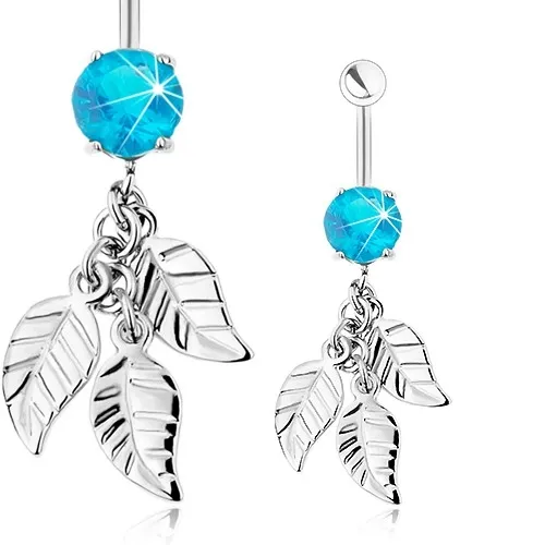 Piercing do bruška, chirurgická oceľ, zirkón akvamarínovej farby, tri lístky