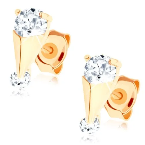 Zlaté náušnice 14K s ihlanovým detailom a dvoma čírymi zirkónmi