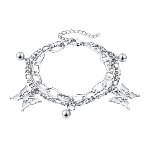 Dvojitý náramok z ocele striebornej farby - motýle s vyrezávanými krídlami, guličky