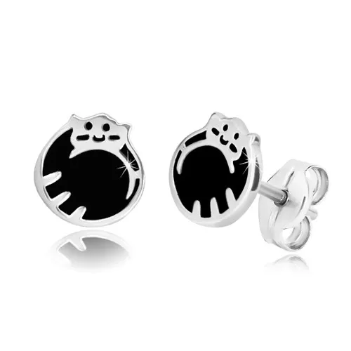 Strieborné 925 náušnice - mačička schúlená do klbka, čierna glazúra, puzetky