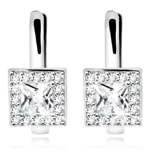 Ródiované náušnice, striebro 925, číry štvorcový zirkón s trblietavou obrubou