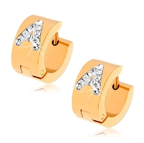 Náušnice z chirurgickej ocele zlatej farby, písmeno A vykladané čírymi zirkónmi