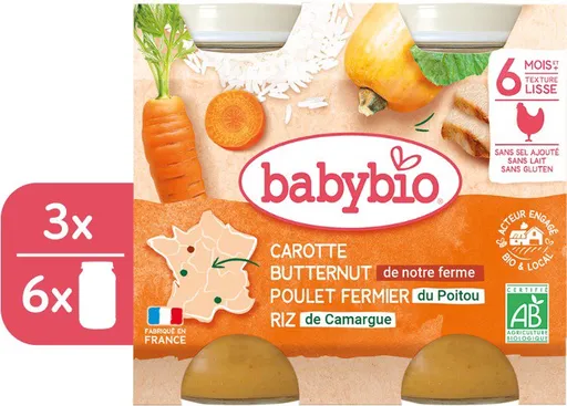 BABYBIO Mrkva s maslovou tekvícou, kuraťom a ryžou 3× (2× 200 g) (BABY11803s)