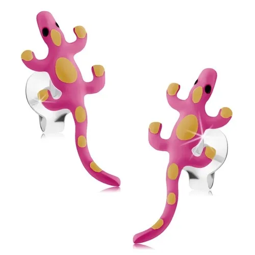 Puzetové náušnice, striebro 925, jašterička, ružová glazúra, žlté bodky