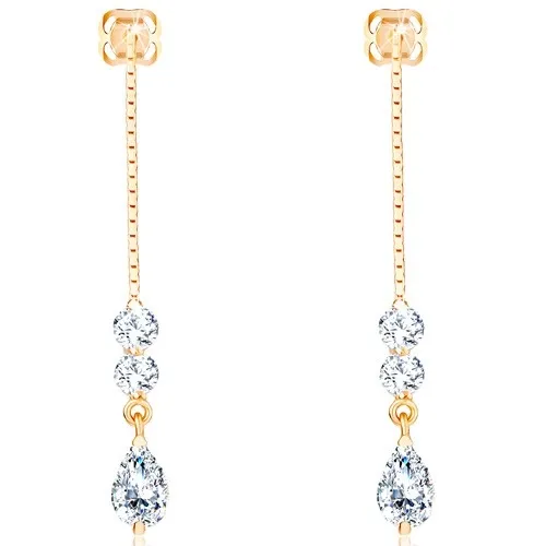 Zlaté náušnice 14K s retiazkou a okrúhlymi i slzičkovým zirkónom