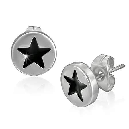 Puzetové náušnice z ocele - čierna hviezda v kruhu