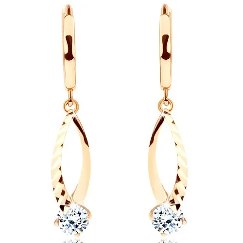 Zlaté visiace náušnice 14K so zvislou kontúrou zrna a čírym zirkónom