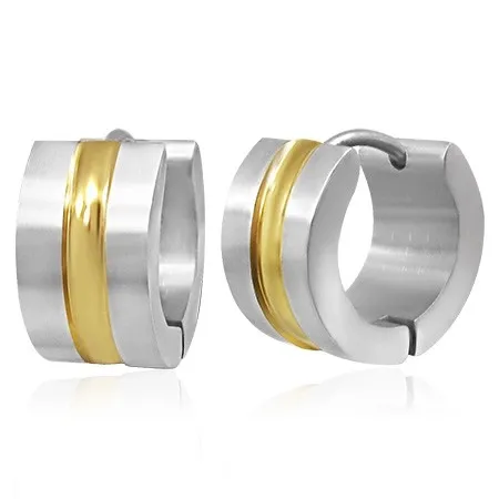 Oceľové náušnice - dvojfarebné obruče so stredovým pásom zlatej farby