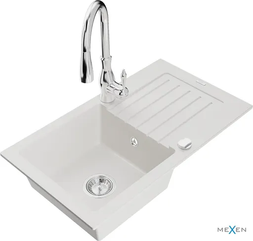 MEXEN/S MEXEN/S - Pablo granitový drez 1 s odkvapkávačom vrátane batérie Savita, biela 6510-20-672601-00