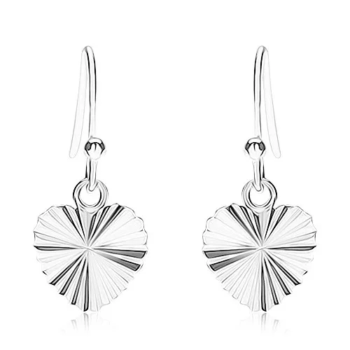 Strieborné náušnice 925, ligotavé srdiečko s lúčovitými zárezmi