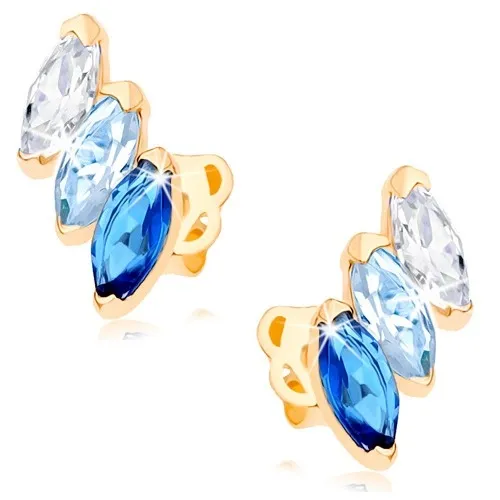 Náušnice v žltom 14K zlate - číre, svetlomodré a tmavomodré zrnko