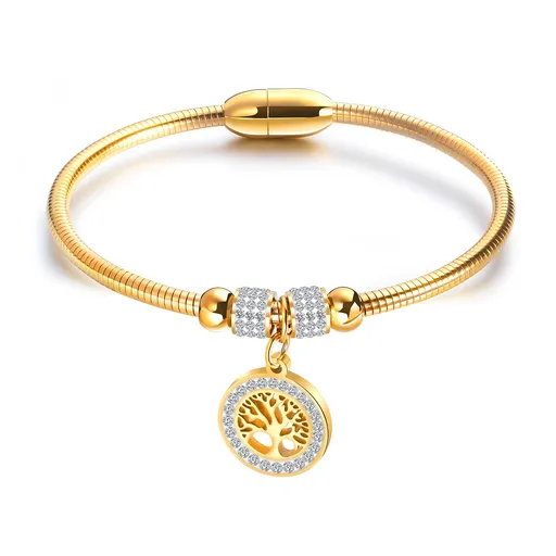 Okrúhly oceľový náramok - strom života, číre zirkóny, zlatá farba
