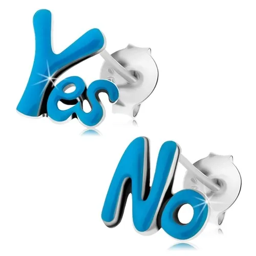 Puzetové náušnice zo striebra 925, slová Yes a No, tmavomodrá glazúra, patina