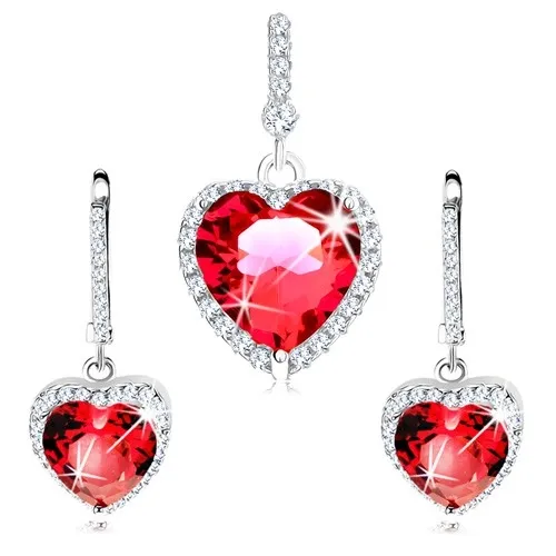 Strieborný set 925 - náušnice a prívesok, červené srdce s čírymi zirkónikmi