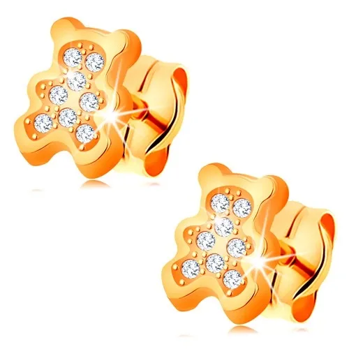 Zlaté náušnice 585 - medvedík vykladaný čírymi zirkónmi, puzetky