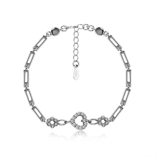 Náramok zo striebra 925, obdĺžnikové články, zirkónové srdiečko a kvietky