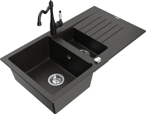 MEXEN/S MEXEN/S - Matias granitový drez 1.5 s odkvapkávačom vrátane batérie Carla čierna/zlatá metalik 6502-75-670700-70